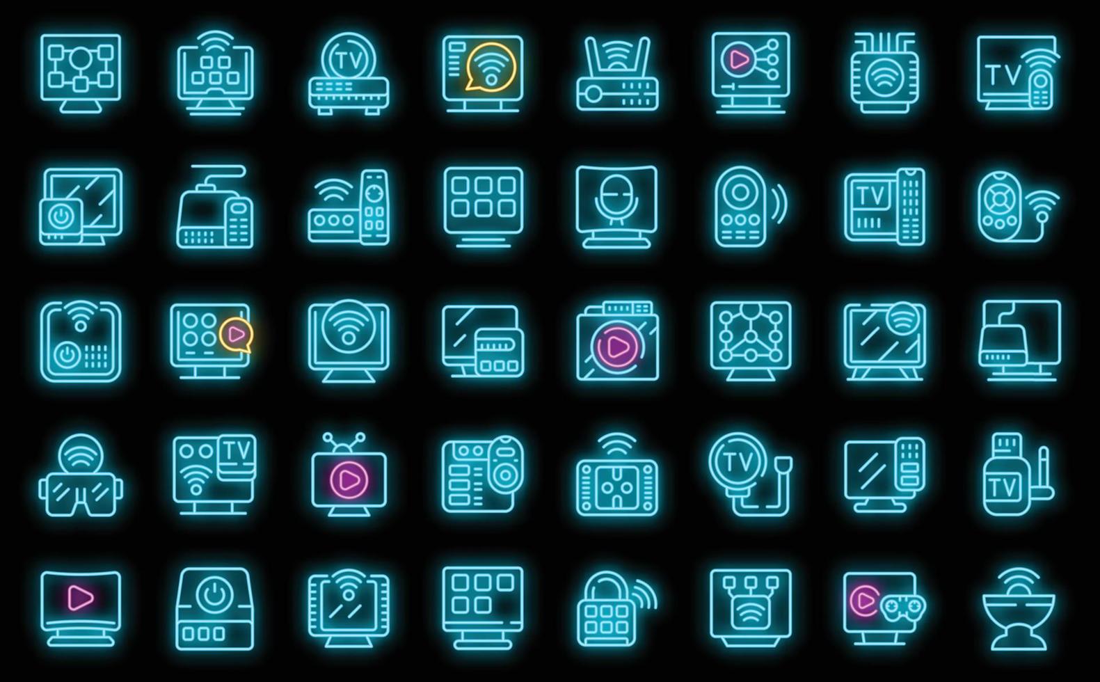 Smart TV box icons set vector neon