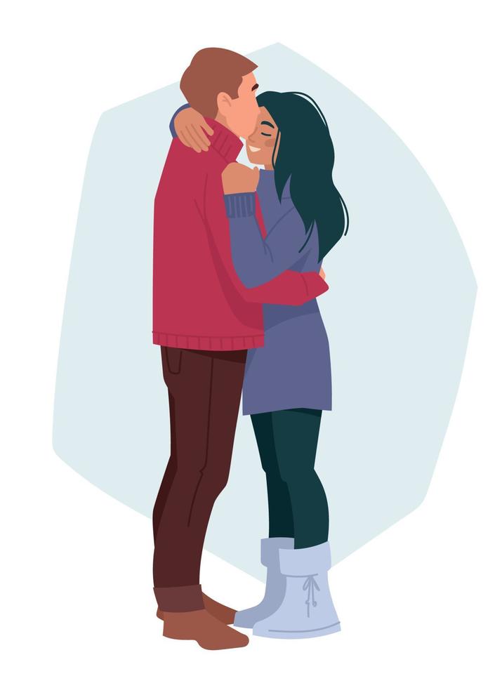 The lovers embrace and kiss. Man and woman in winter clothes. Romance, hugs. Vector image.