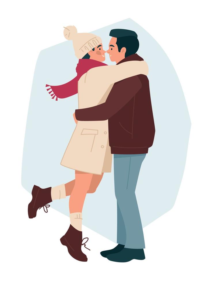 The lovers embrace and kiss. Man and woman in winter clothes. Romance, hugs. Vector image.