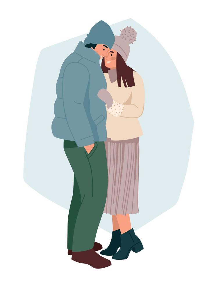 The lovers embrace and kiss. Man and woman in winter clothes. Romance, hugs. Vector image.