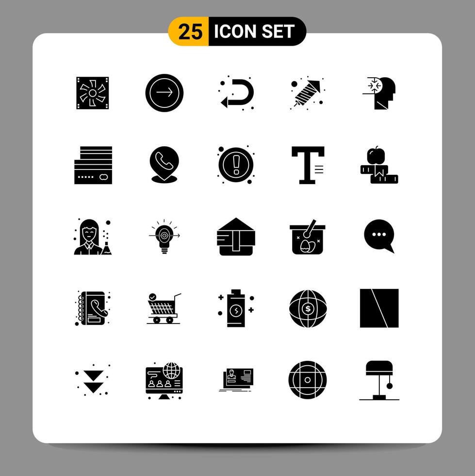 Pack of 25 creative Solid Glyphs of mind fire work mobile rocket u turn Editable Vector Design Elements