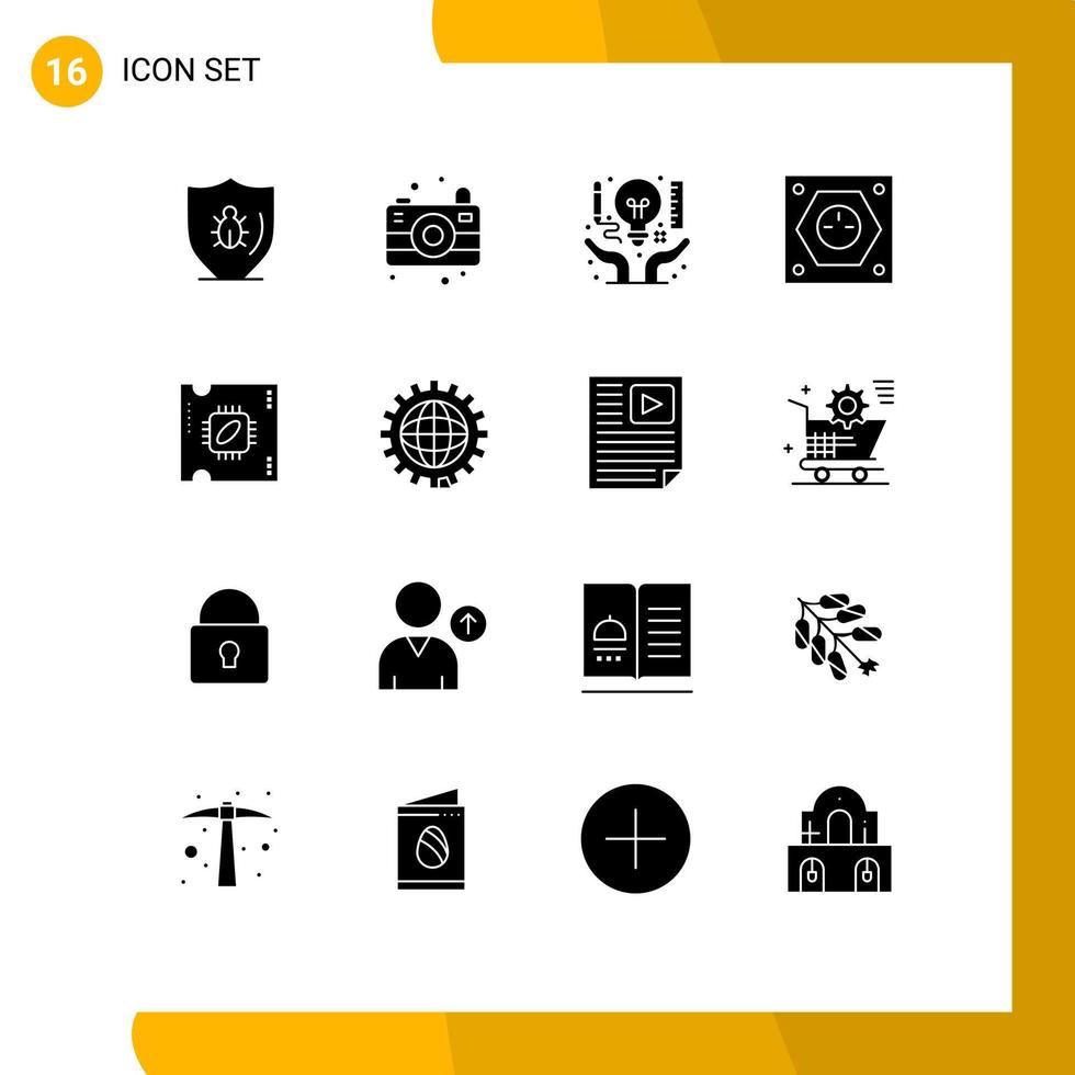 Set of 16 Vector Solid Glyphs on Grid for socket plug idea energy document Editable Vector Design Elements