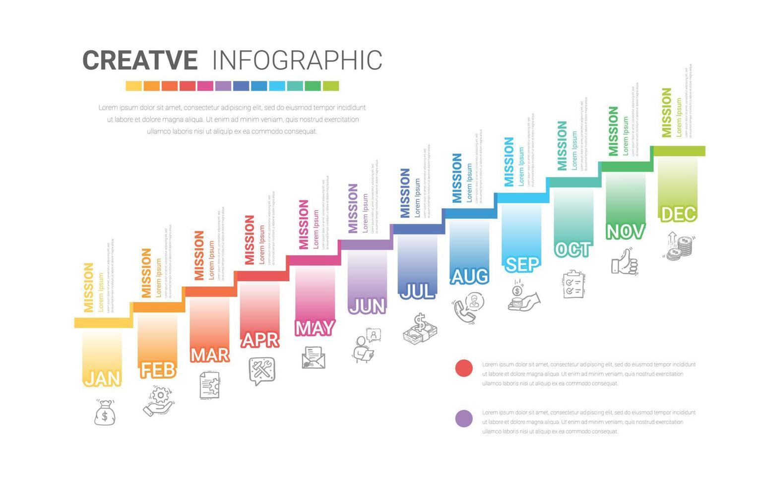 presentación de línea de tiempo para 12 meses, 1 año, vector de diseño de infografías de línea de tiempo y negocio de presentación