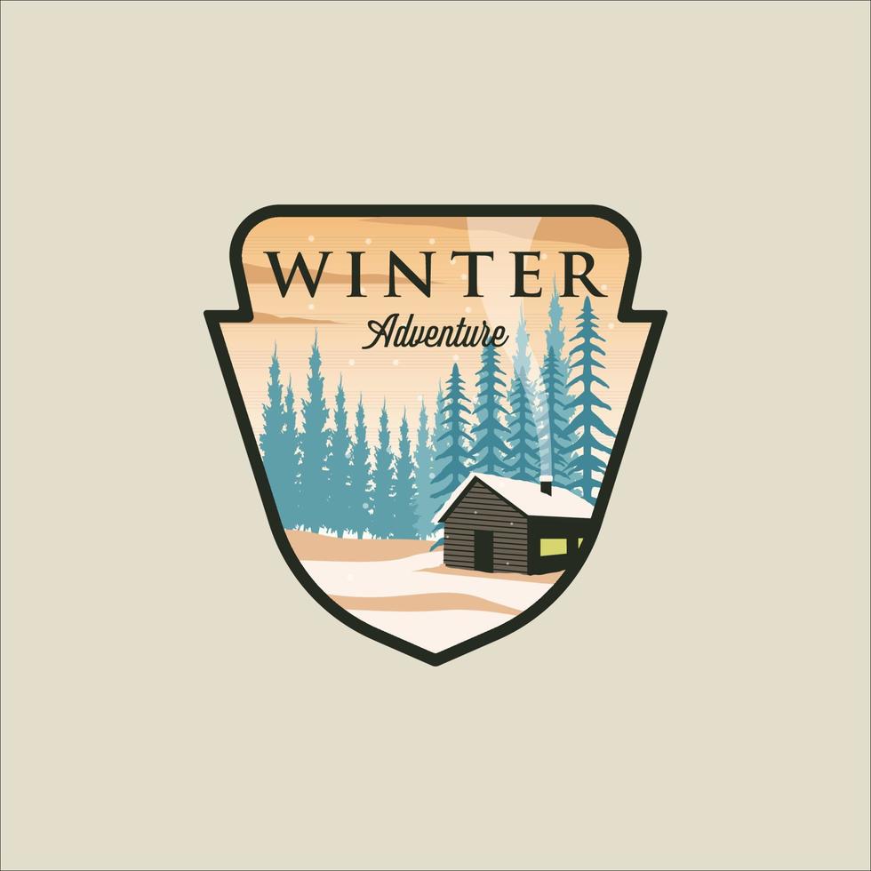 cabaña o casa de campo en el diseño de plantilla de ilustración de vector de logotipo de emblema de paisaje de invierno. nieve en la pancarta del bosque natural para viajes o turismo de negocios