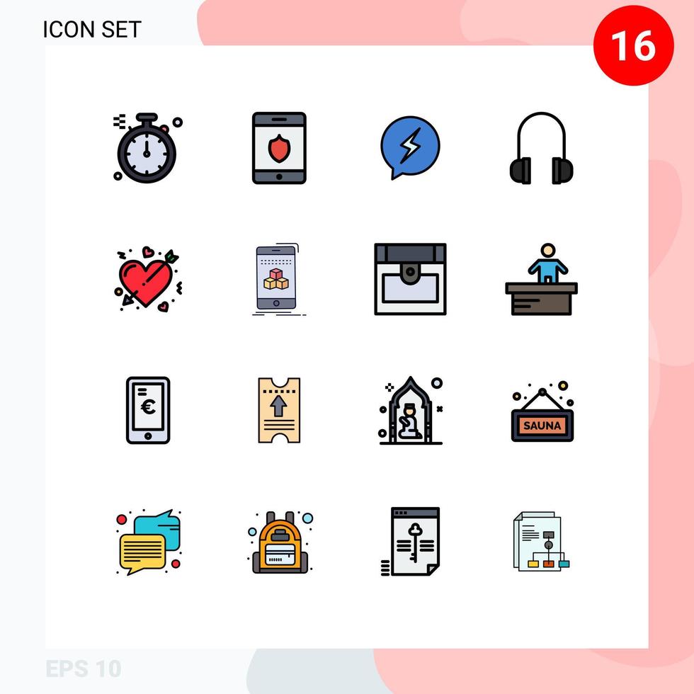 conjunto de pictogramas de 16 líneas llenas de colores planos simples de corazón de matrimonio chateando cupido apoyo elementos de diseño de vectores creativos editables