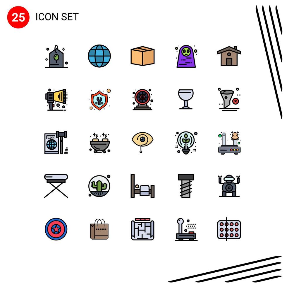 conjunto moderno de 25 colores planos de línea rellena pictografía de caja de viaje a casa elementos de diseño de vector editables de carácter de halloween aterrador