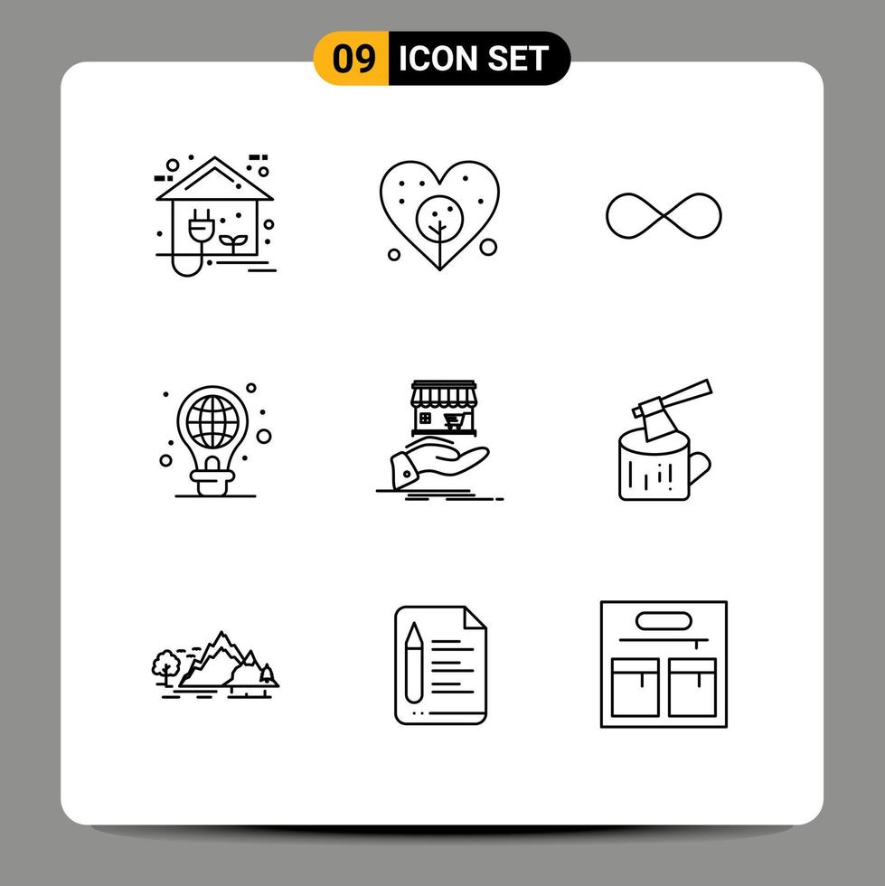 Set of 9 Commercial Outlines pack for shop light infinite coin green currency Editable Vector Design Elements