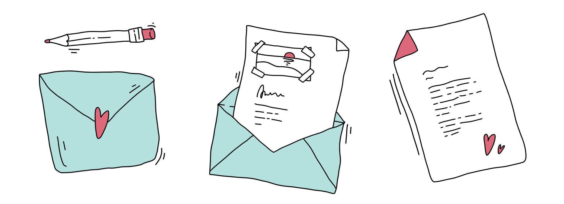 Writing a letter. Postmarks and postcards vector flat illustration. Set of various craft paper letters, stationery.