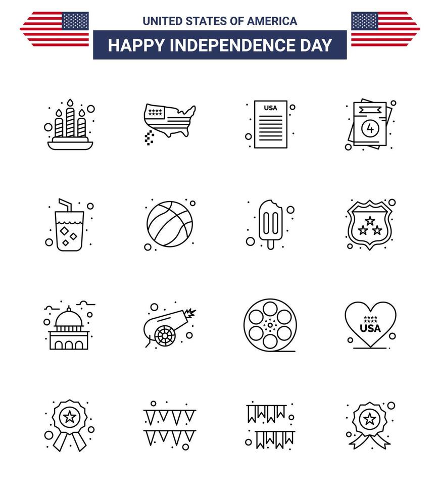 Happy Independence Day 4th July Set of 16 Lines American Pictograph of wine drink declaration of independence alcohol usa Editable USA Day Vector Design Elements