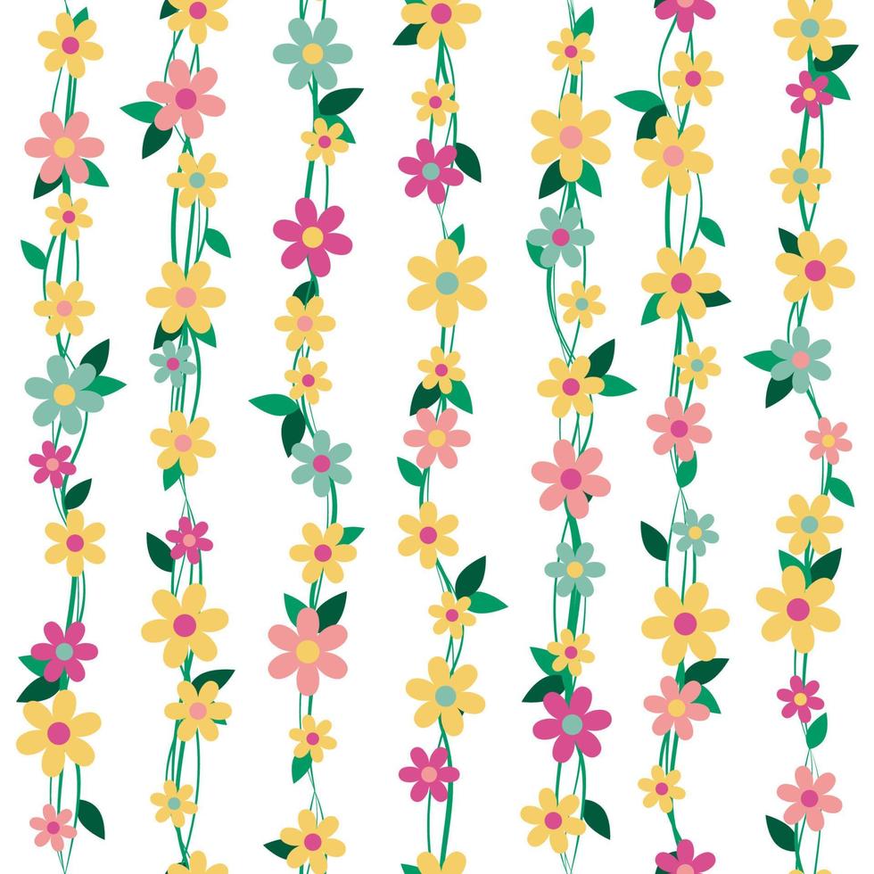 Floral seamless pattern with colourful flowers on a white background. Branches and blossoms. Vector illustration.