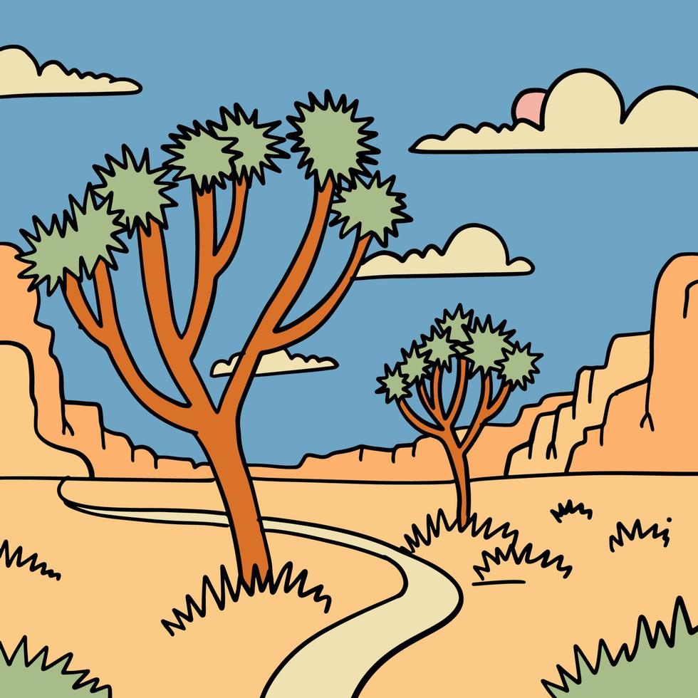 Joshua Tree National Park with Desert landscape with yuccas in the first plan and the Castle mountains in the background. Hand drawn linear vector illustration.
