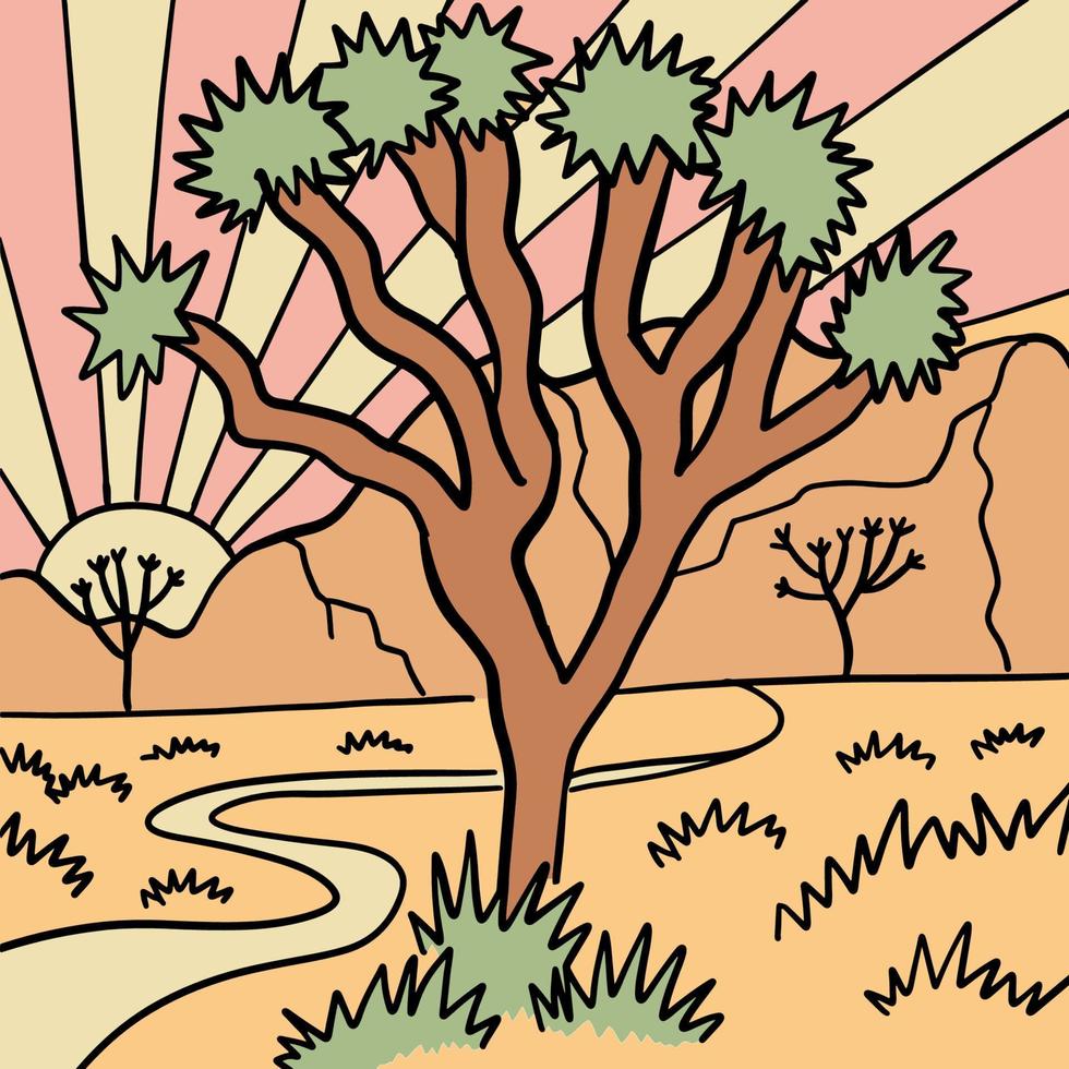 paisaje de aventura del desierto de joshua tree arizona. ilustraciones vectoriales retro lineales. fondo del atardecer. vector