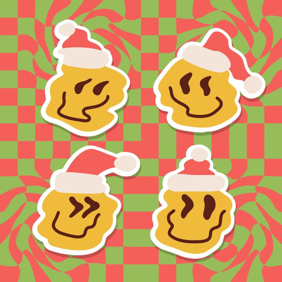 Melted smile emoji face wearing Santa hat doodle art, illustration for t-shirt, sticker, or apparel merchandise. With modern pop style. vector