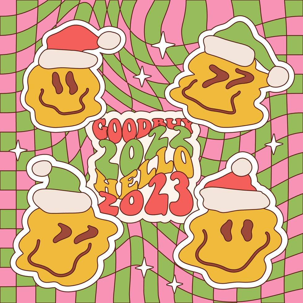 Christmas abstract comic faces in Santa hats set with various fun emotions on a checkered background. Different melting characters. Trendy retro print in style 60s, 70s. Vector linear illustration.