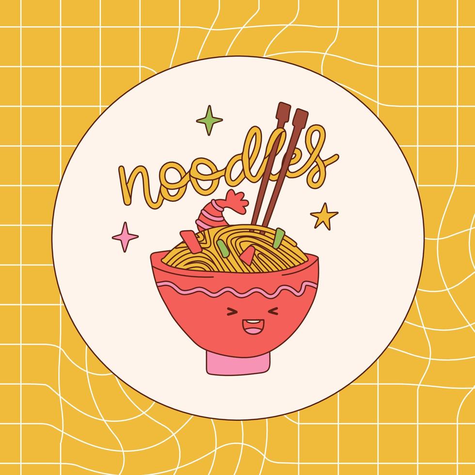 Bowl of noodle with funny smiling facial expression on yellow checkered distorted background. Kawaii Noodle character clip art with lettering word Noodles. Hand drawn vector contour illustration.