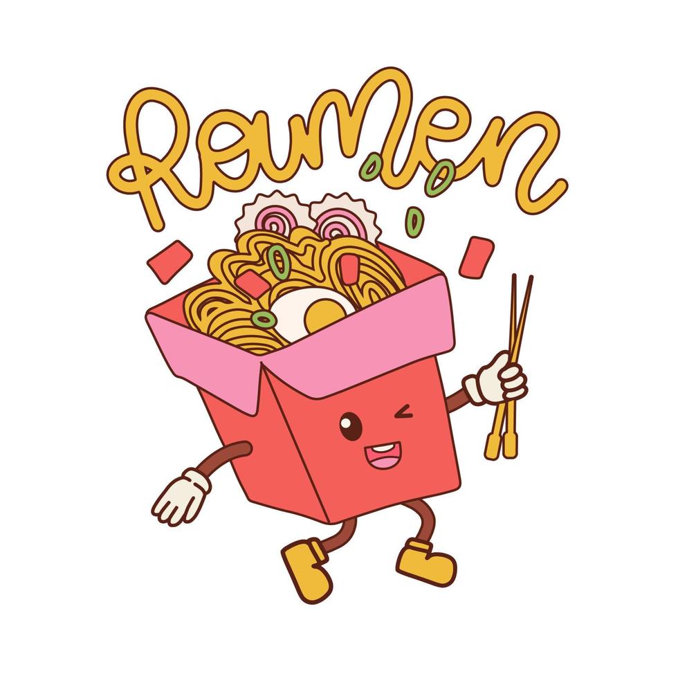 Cute funny wok noodle box character with hands and legs. Cartoon kawaii character Ramen icon. Asian food mascot concept. Isolated Hand drawn vector contour illustration with lettering word