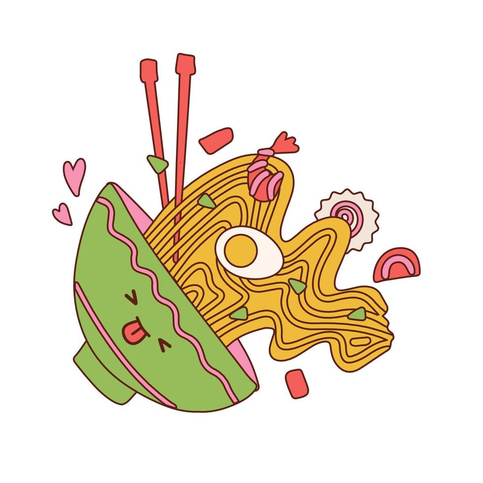 Noodles splashing out of the bowl. Cute funny Ramen bowl character with laughing kawaii face. Vector hand drawn contour kawaii character illustration icon Isolated on white background.