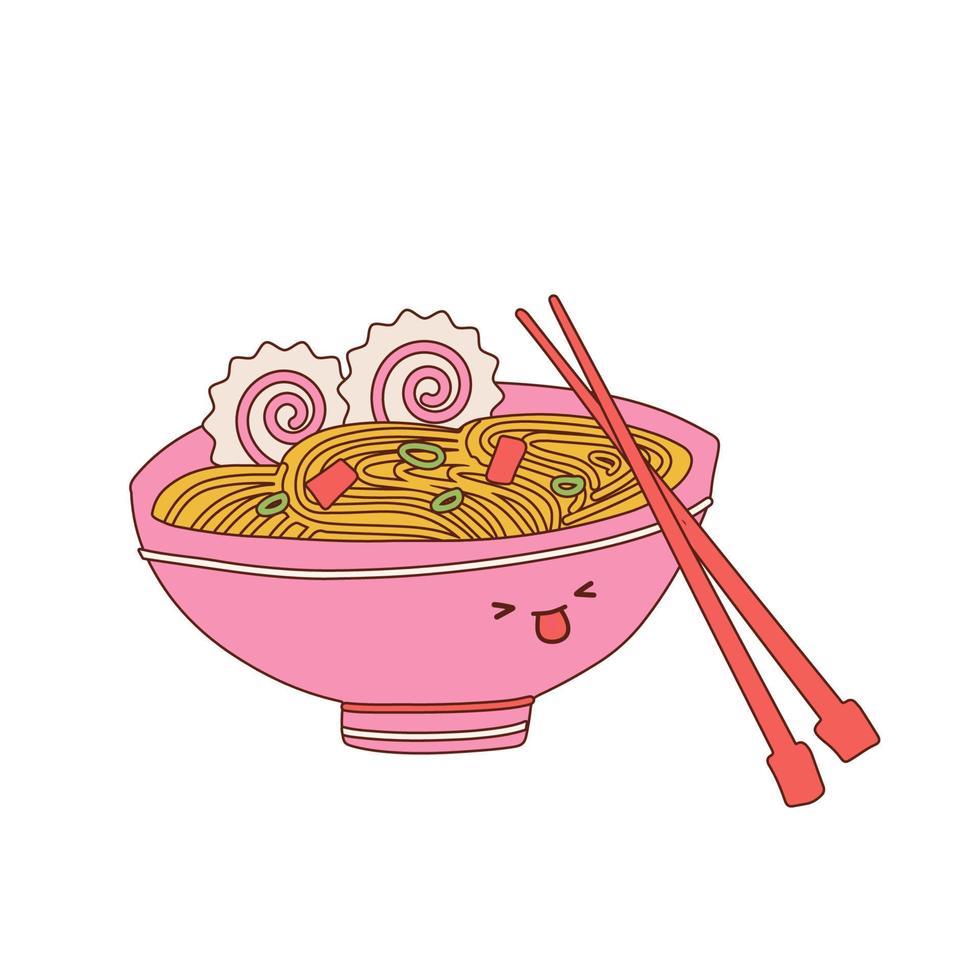 Ramen noodles bowl kawaii cartoon mascot. Asian food cute character. Vector hand drawn contour illustration isolated on white background.