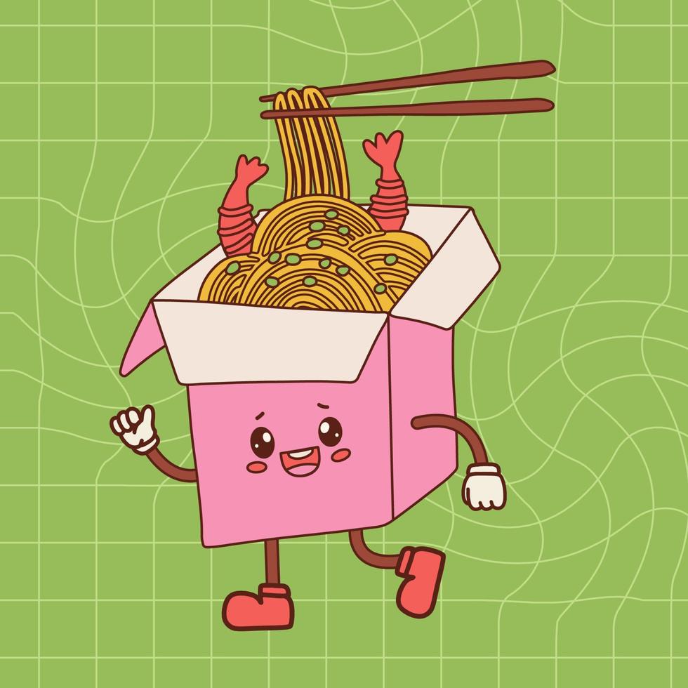 Cartoon Chinese noodles mascot walking. Asian food delivery concept. Japanese noodle paper box pack stylized character with kawaii eyes. Food vector illustration on checkered background.