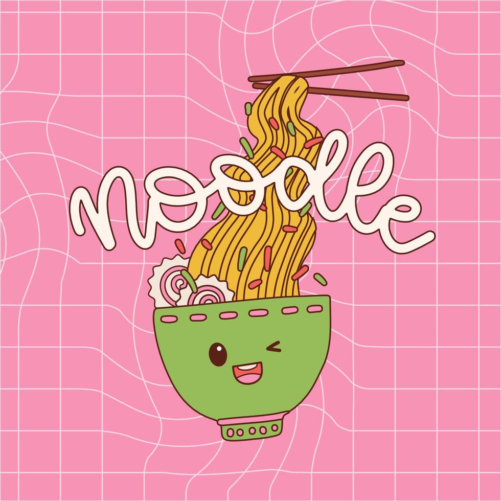 Kawaii ramen bowl food noodles character. Retro background with japanese asian food mascot. Perfect for print or t-shirt design. Hand drawn vector contour illustration with lettering word Noodle.