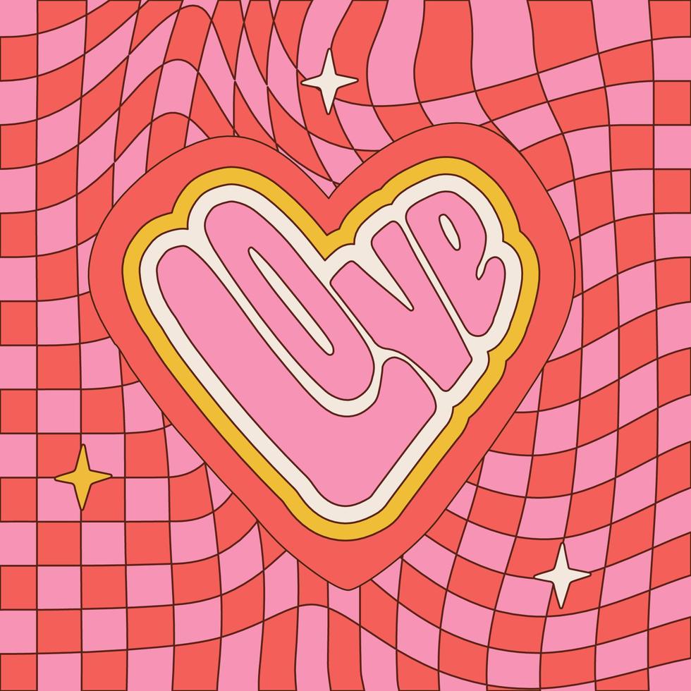 Palabra de letras de amor hippie estética de los años 60 en forma de corazón. fuente escrita del día de san valentín de cita de espíritu libre. tarjeta de felicitación tipográfica sobre fondo a cuadros distorsionado. ilustración de contorno vectorial vector