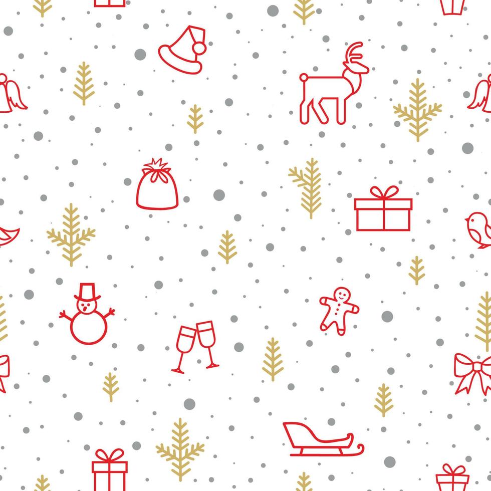 Christmas winter snow seamless pattern with holiday icons and New Year Tree, Snow, Deer, Gift, Birds. Happy Winter Holiday Snowfall Wallpaper. Nature decor elements. Fir Tree branch and snowflakes vector