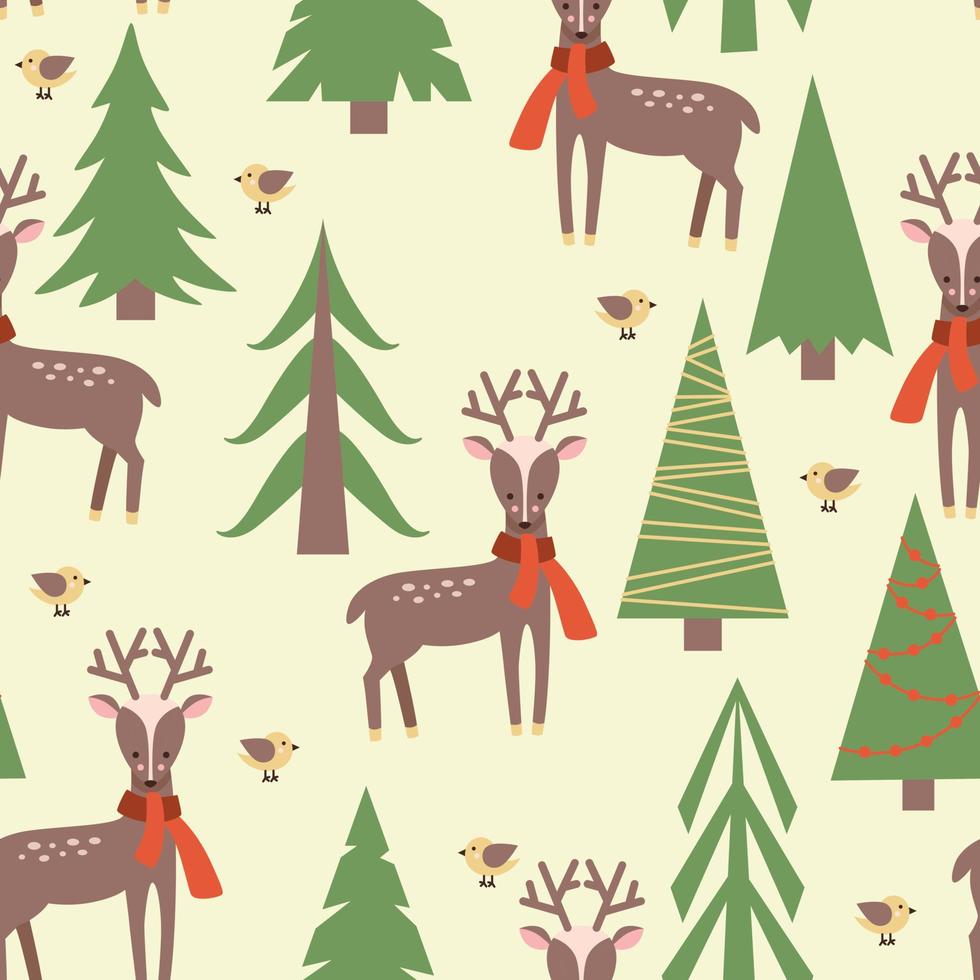 Christmas background with deers and Christmas trees vector