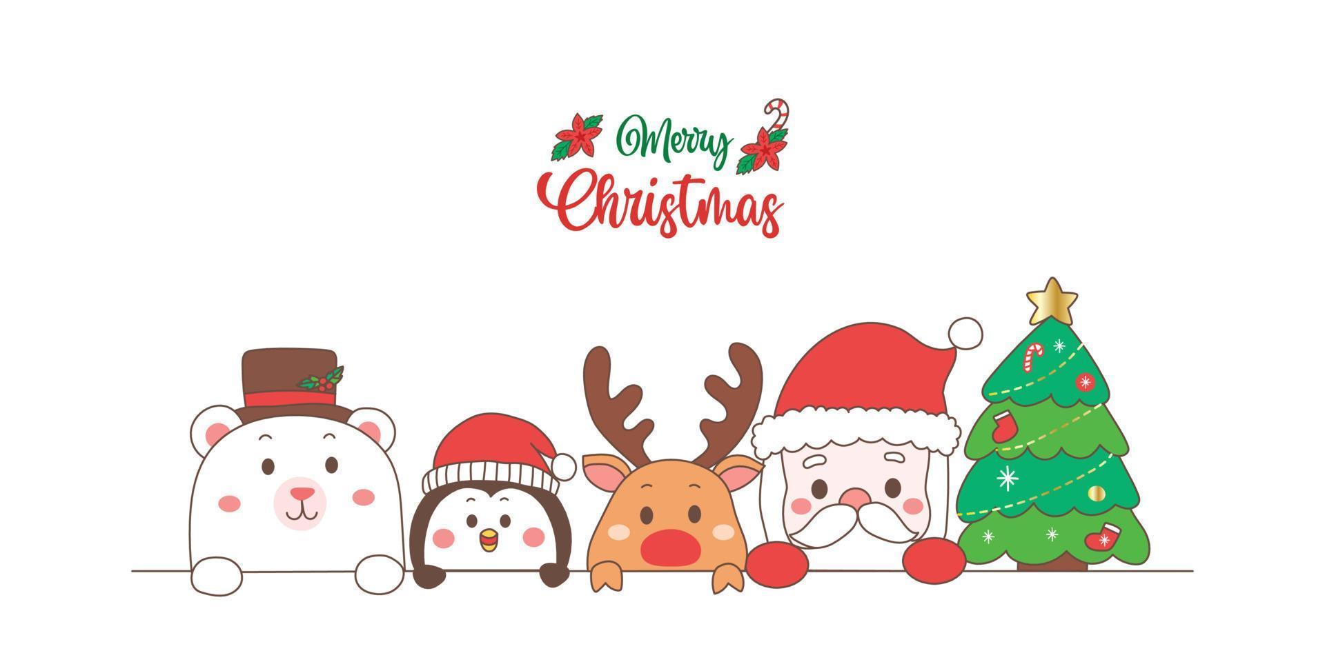 linda caricatura de navidad santa claus, reno, árbol de navidad, oso polar y pingüino. vector