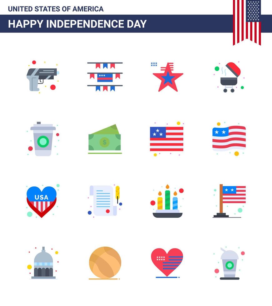 Set of 16 Modern Flats pack on USA Independence Day dollar cola american bottle bbq Editable USA Day Vector Design Elements