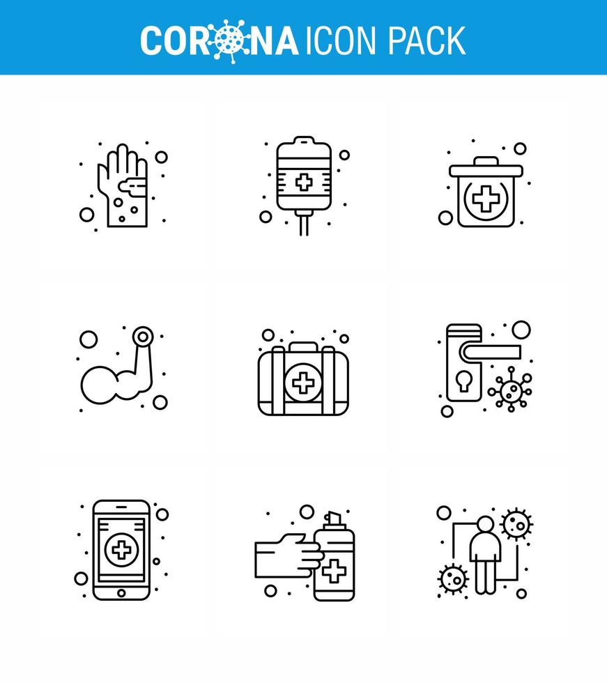 Coronavirus Prevention Set Icons 9 Line icon such as body building hand treatment arm medical viral coronavirus 2019nov disease Vector Design Elements