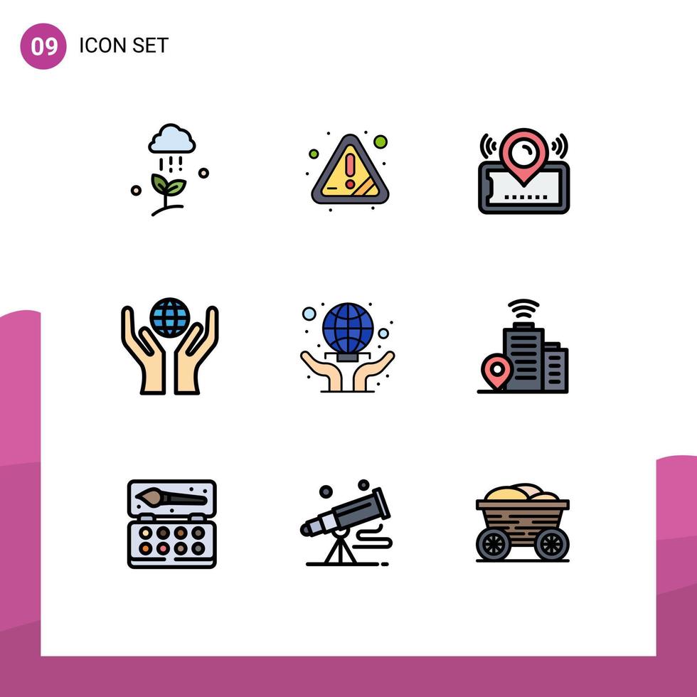 Group of 9 Filledline Flat Colors Signs and Symbols for care hands error care ticket Editable Vector Design Elements