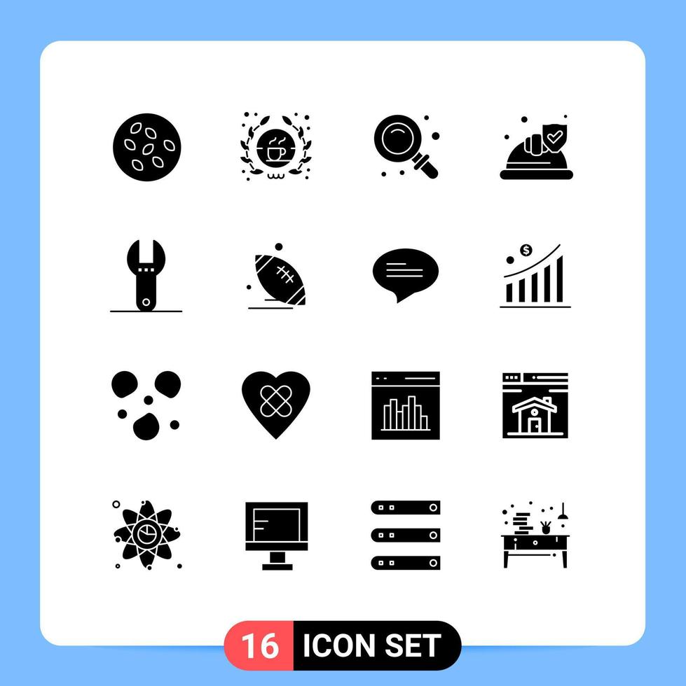 Group of 16 Modern Solid Glyphs Set for spanner shield back security hat Editable Vector Design Elements