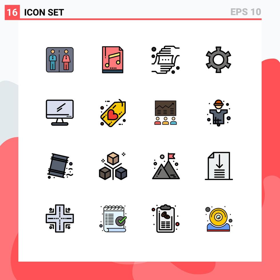 Pack of 16 creative Flat Color Filled Lines of monitor setting frame gear shot Editable Creative Vector Design Elements