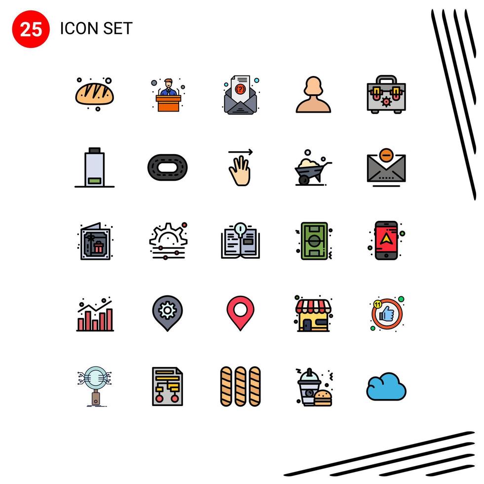 Mobile Interface Filled line Flat Color Set of 25 Pictograms of battery construction newsletter bag person Editable Vector Design Elements