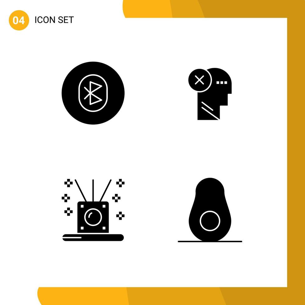 Pictogram Set of 4 Simple Solid Glyphs of bluetooth mark system failure thinking Editable Vector Design Elements