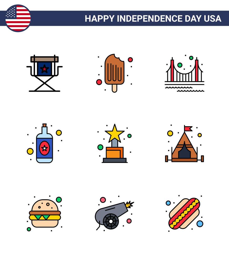 Pack of 9 creative USA Independence Day related Flat Filled Lines of achievement bottle ice cream alcohol landmark Editable USA Day Vector Design Elements