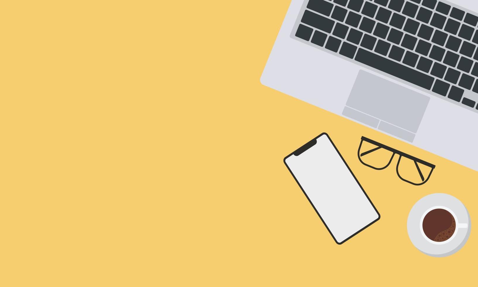 Top view of modern business office workspace background. Flat Illustration of office desk with laptop, digital devices and notepad vector