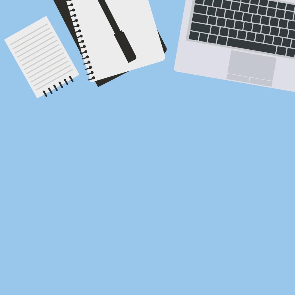 Top view of modern business office workspace background. Flat Illustration of office desk with laptop, digital devices and notepad vector