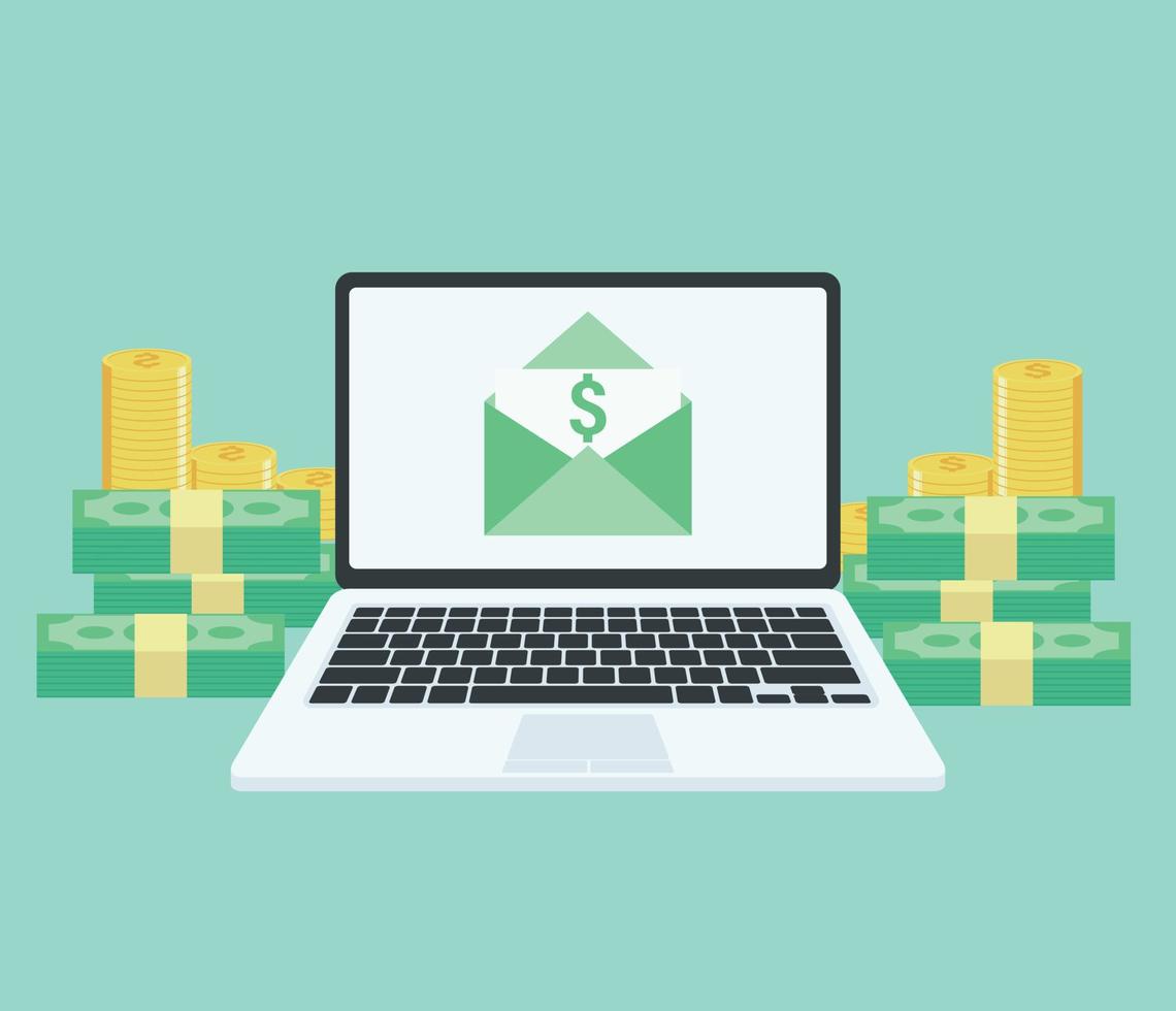 Email with income money received in laptop computer. Flat cartoon style email marketing concept isolated on blue background vector