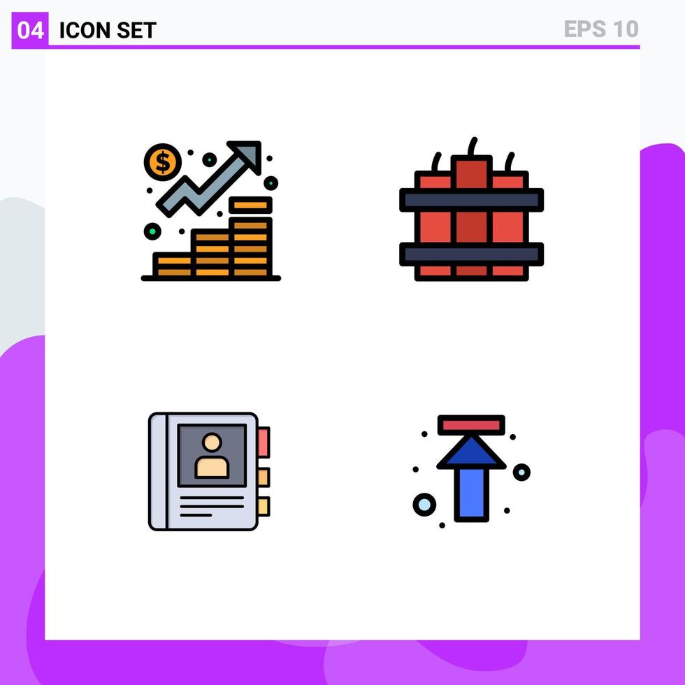 4 User Interface Filledline Flat Color Pack of modern Signs and Symbols of business book management dynamite info Editable Vector Design Elements