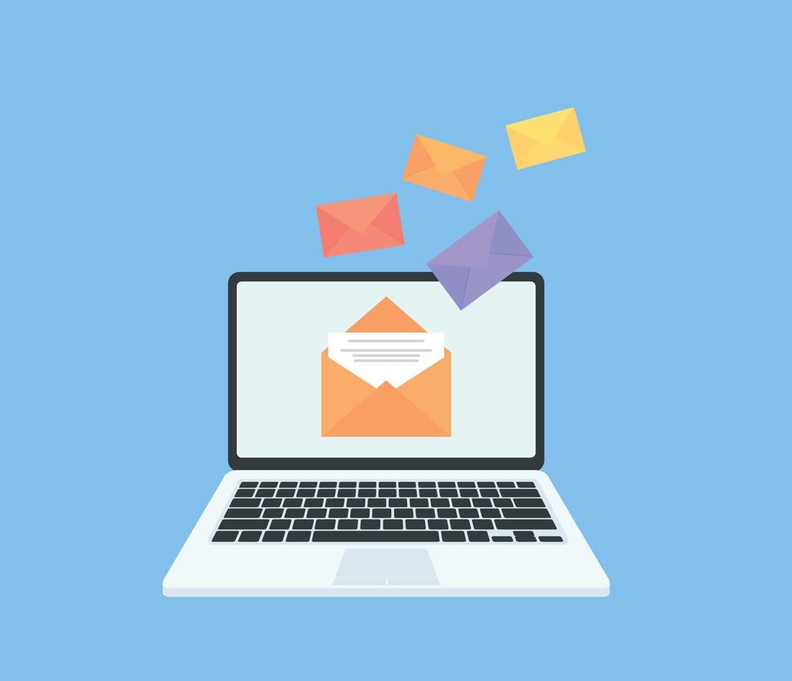Email notification on laptop. New message. Mail notice on laptop screen. Flat style. Vector illustration.