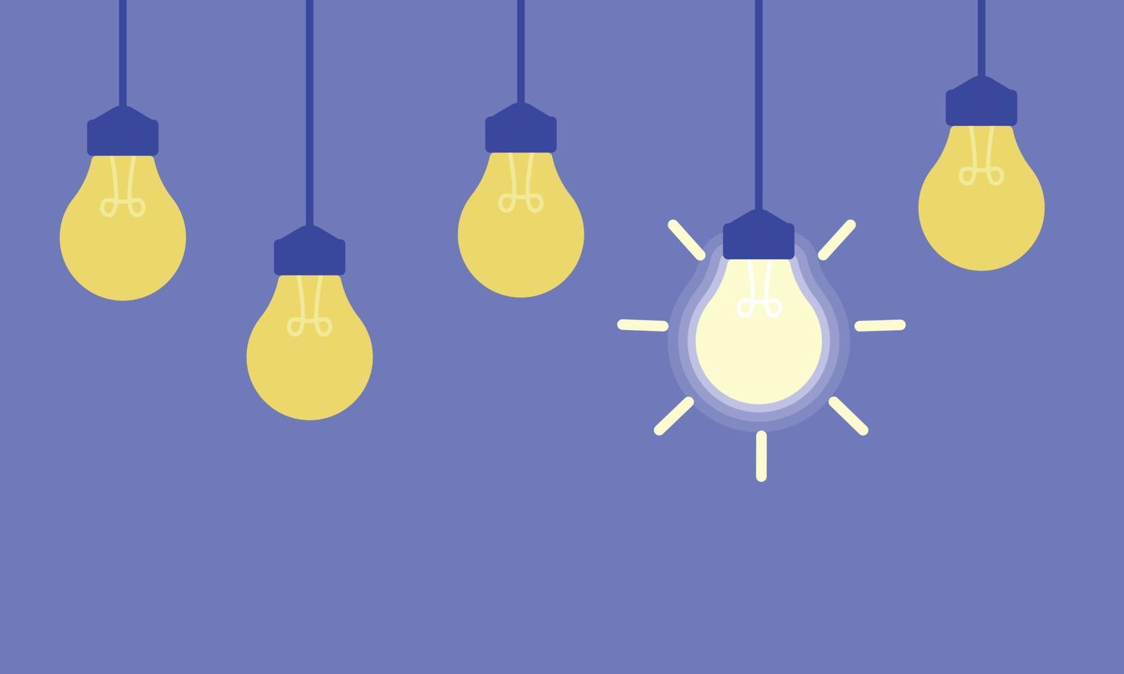 Hanging light bulbs with one glowing on a purple background. Concept of idea vector illustration