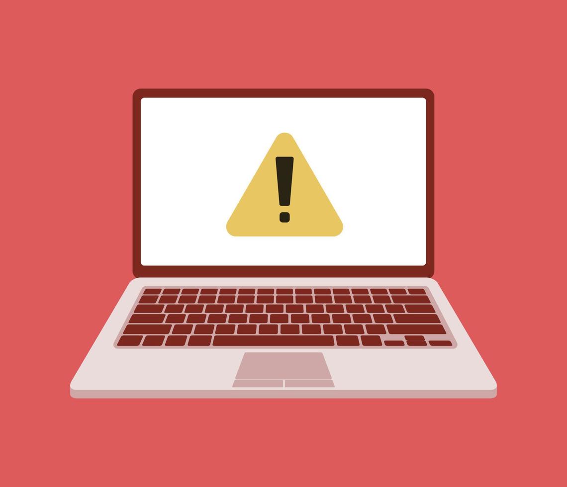 Vector illustration of Laptop system error warning. Virus attention. Hacker attack and web security vector concept, phishing scam. Network and internet security.