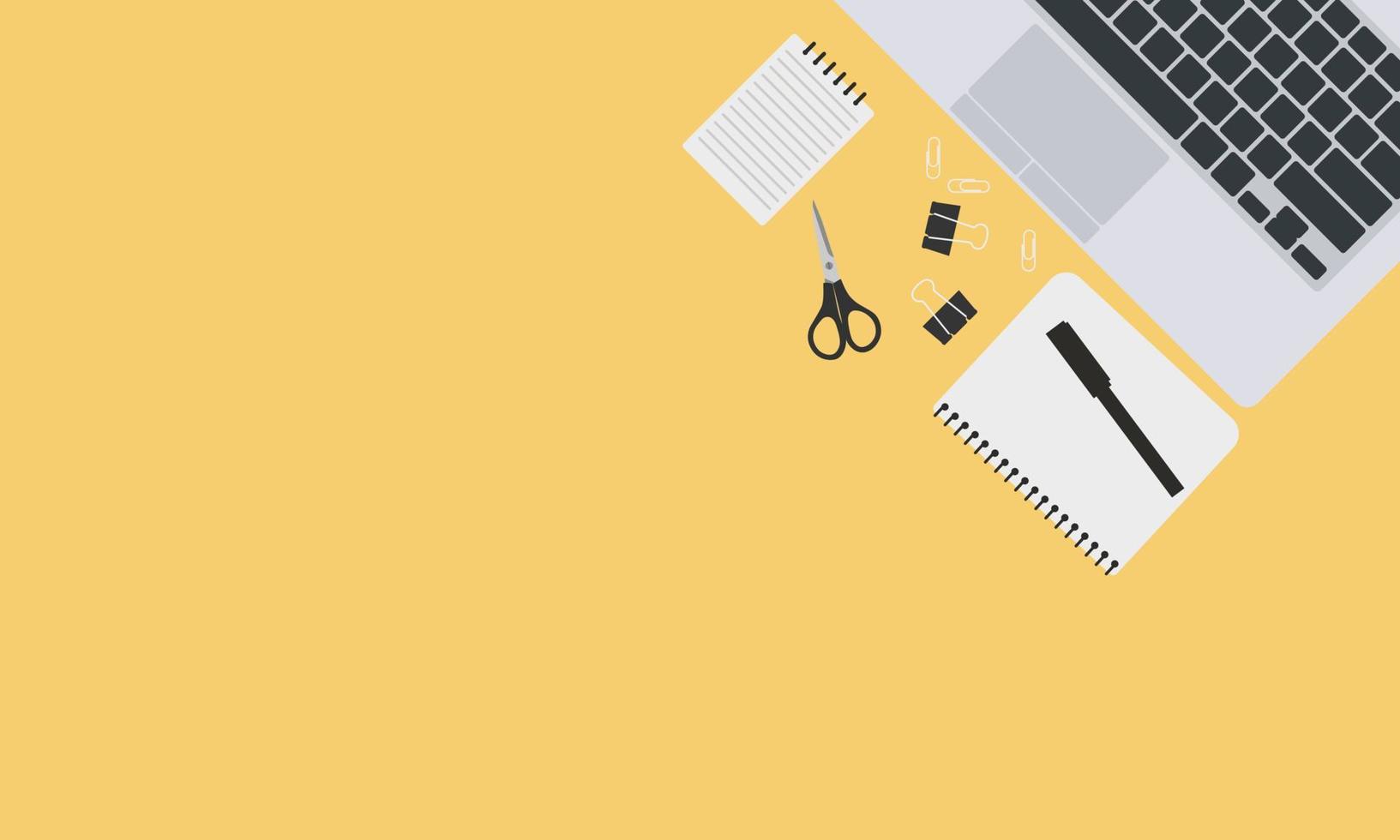 Top view of modern business office workspace background. Flat Illustration of office desk with laptop, digital devices and notepad vector