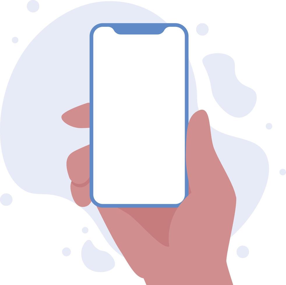 Dark skin hand holding smartphone vertically with blank screen vector illustration. Phone with empty screen, phone mockup, app interface design elements