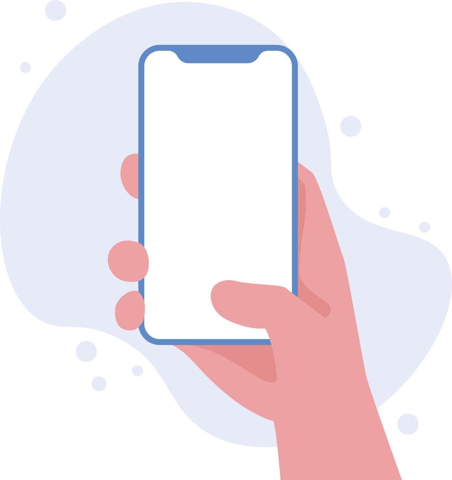 Hand holding smartphone vertically with blank screen vector illustration. Phone with empty screen, phone mockup, app interface design elements
