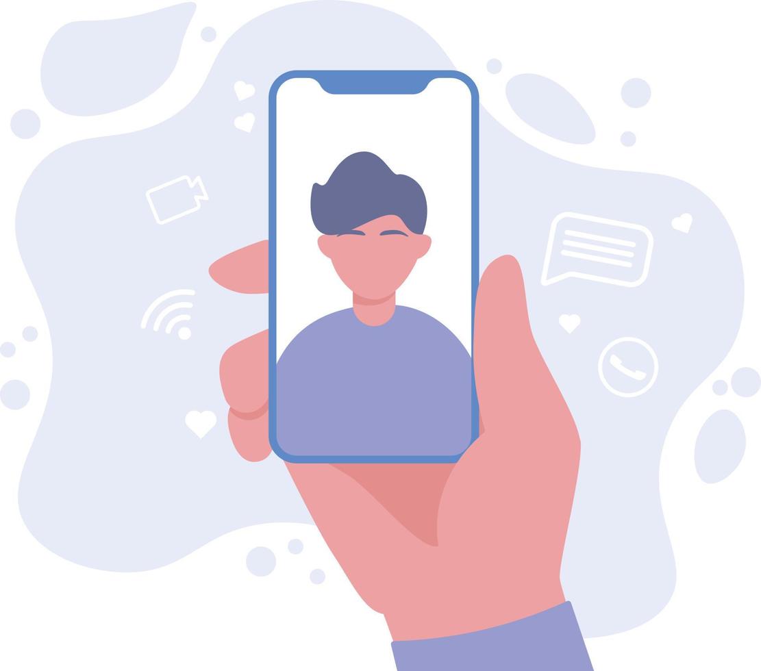 Hand holding smartphone with man face on screen. Photo, online chat, video call concepts. Modern flat design. Vector Illustration