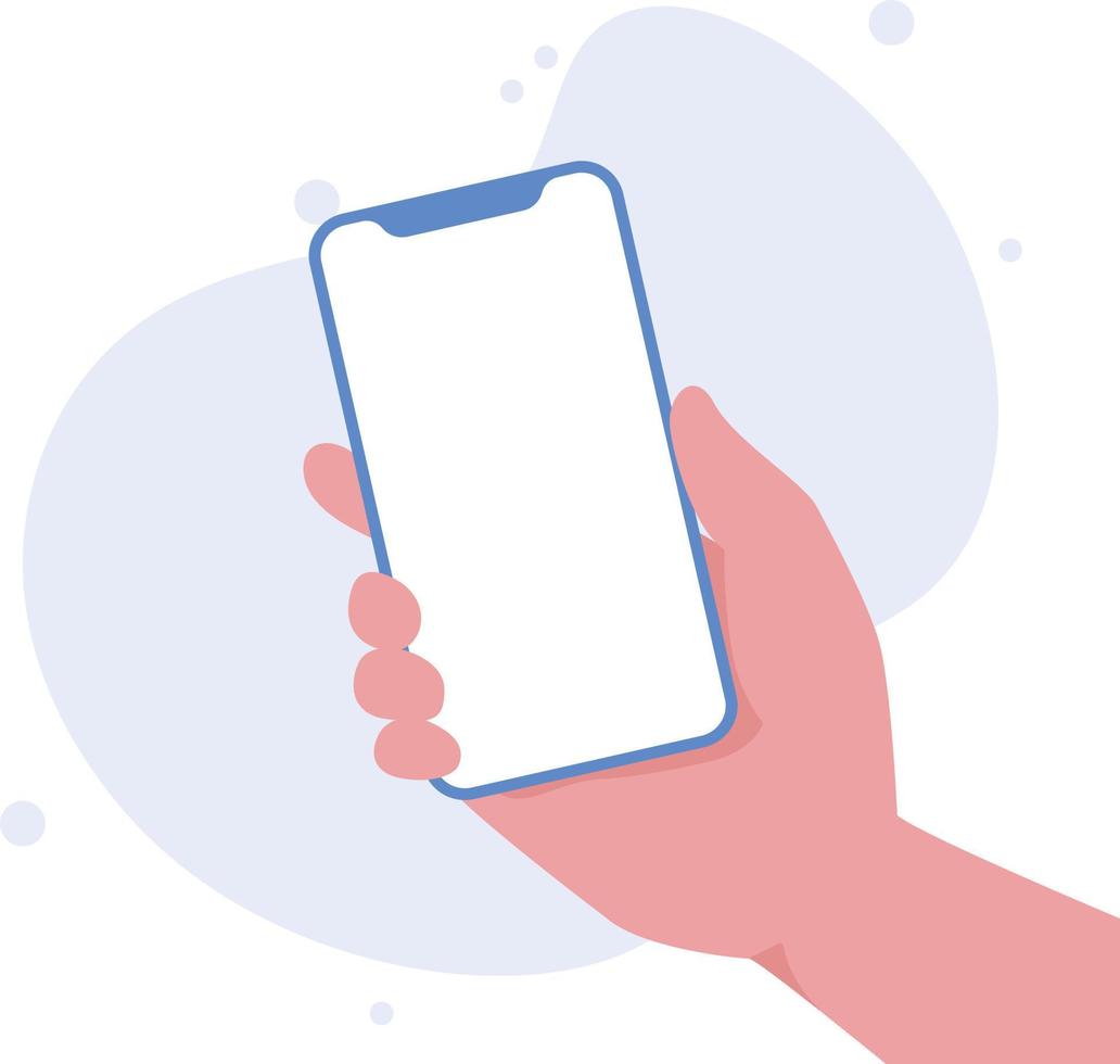 Hand holding smartphone vertically with blank screen vector illustration. Phone with empty screen, phone mockup, app interface design elements