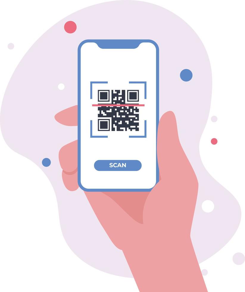 escaneo de código qr con teléfono inteligente en una mano. código de barras para pago, billetera electrónica, concepto de tecnología sin efectivo. Teléfono móvil escaneando código qr. verificación. ilustración vectorial vector