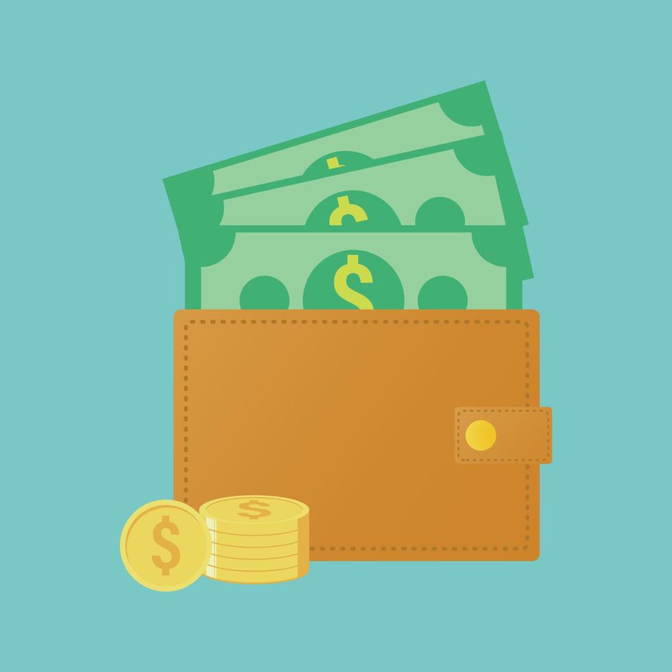 wallet and stack money vector illustration, banknote sign earning and prosperity symbol